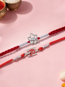 Ornate Jewels - 925 Silver Lotus Flower and Om Symbol Thread Rakhi with Roli Chawal (Pack Of 2)