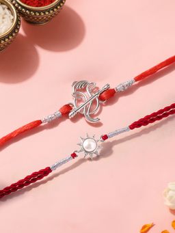 Ornate Jewels - 925 Silver Pearl Surya and Ganesha Thread Rakhi with Roli Chawal (Pack Of 2)