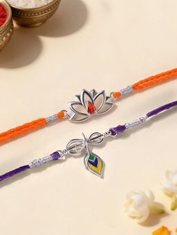 Ornate Jewels - 925 Silver Divine Lotus and Mor Pankh Thread Rakhi with Roli Chawal (Pack Of 2)