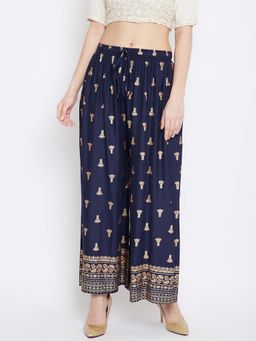 Clora Creation - Navy Blue Printed Flared Palazzo