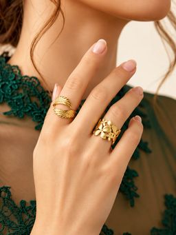 ARTKLIM - Floral Bloom And Wing Pair Ring Set Adjustable Anti-Tarnish Ring