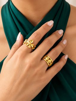 ARTKLIM - Floral Bloom And Seashell Pair Ring Set Adjustable Anti-Tarnish Ring