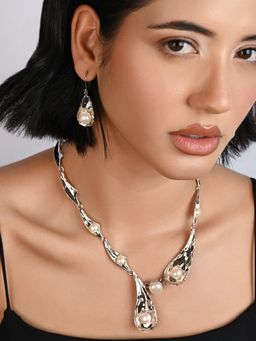 TOUCH925 - Pure 925 Silver Petal Pearl Necklace Set For Women