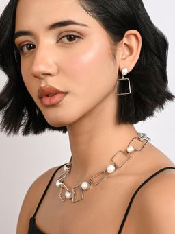 TOUCH925 - Pure 925 Silver Geometric Pearl Necklace Set For Women