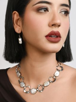 TOUCH925 - Pure 925 Silver Wavy Circle Necklace Set For Women