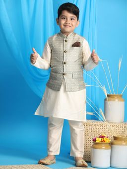 Vastramay - Boys Beige & Cream Jacket With Kurta & Pyjama (Set of 3)