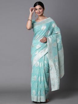 Akhilam - Womens Cotton Silk Sea Green Woven Design Saree with Unstitched Blouse