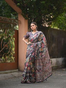 Odette - Linen Grey Traditional Kalamkari Printed Saree with Unstitched Blouse