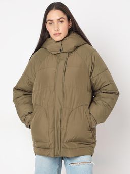 VERO MODA - Brown Hooded Oversized Puffer Jacket