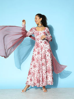 Varanga - Women White & Pink Floral Printed Anarkali Kurta with Dupatta (Set of 2)