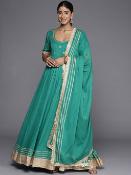 Varanga - Women Green Embroidered Anarkali Kurta with Embellished Dupatta (Set of 2)