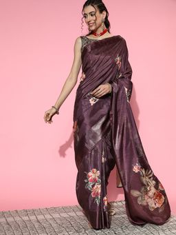 Akhilam - Womens Crepe Wine Digital Print Designer Saree with Unstitched Blouse