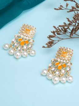 Karatcart - Gold Plated Yellow and Pearl Studded Kundan Dangler Earrings for Women