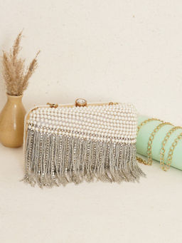 Fabbhue - Womens White & Silver Hand Embellished Box Clutch