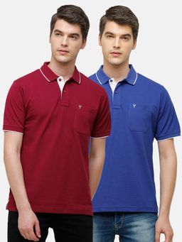 Classic Polo - Men Solid Red & Navy Blue Cotton Blend Regular Fit Polo T-Shirts (Pack of 2)