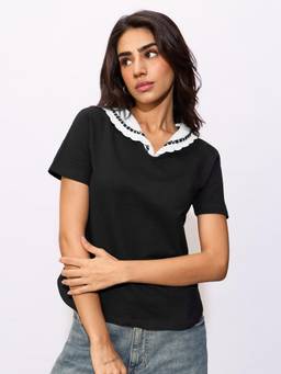 The Souled Store - Black Crochet Scallop Regular T-Shirt