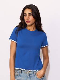 The Souled Store - Blazing Blue Scallop Trim Regular T-Shirt
