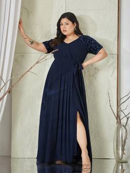 Miss Chase - A+ Curve Collection Navy Blue Pleated Satin Maxi Dress