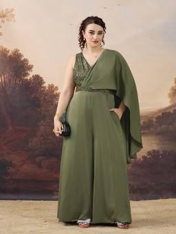 Miss Chase - A+ Curve Collection Olive Embellished Satin Jumpsuit