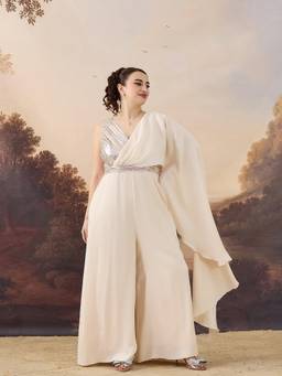 Miss Chase - A+ Curve Collection Beige Embellished Pleated Luxe Satin Jumpsuit
