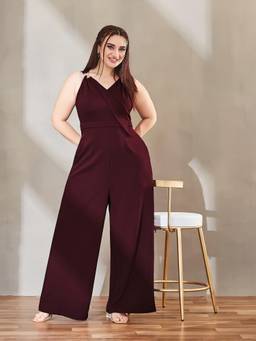 Miss Chase - A+ Curve Collection Wine Sleeveless Solid Wrap Regular Jumpsuit