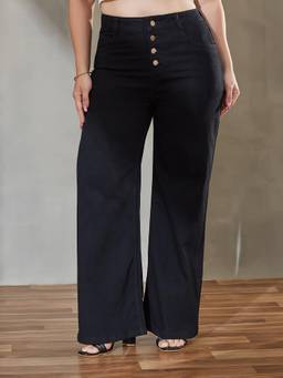 Miss Chase - A+ Curve Collection Black Wide Leg Regular Stretchable Denim Jeans