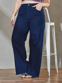 Miss Chase - A+ Curve Collection Navy Blue Wide-Leg Stretchable Denim Jeans