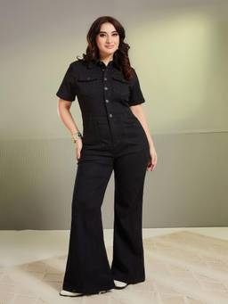 Miss Chase - A+ Curve Collection Black Flared High Rise Stretchable Denim Jumpsuit