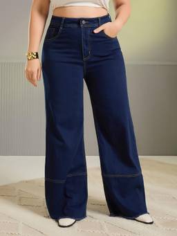 Miss Chase - A+ Curve Collection Navy Blue Wide Leg Stretchable Denim Jeans