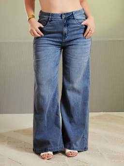 Miss Chase - A+ Curve Collection Light Blue Stretchable Denim Wide Leg Jeans