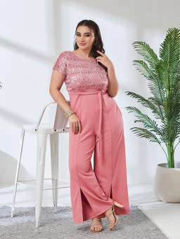 Miss Chase - A+ Curve Collection Dusty Pink Embellished Regular Jumpsuit