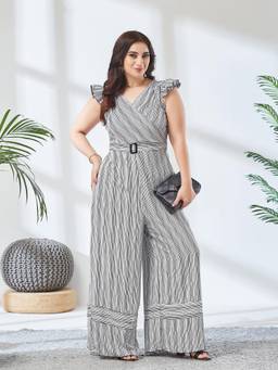 Miss Chase - A+ Curve Collection Multi-Color Striped Wrap Relaxed Fit Jumpsuit