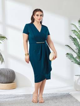 Miss Chase - A+ Curve Collection Teal Wrap Midi Dress