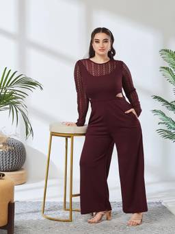 Miss Chase - A+ Curve Collection Wine Round Neck Full Sleeve Jumpsuit
