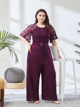 Miss Chase - A+ Curve Collection Wine Round Neck Jumpsuit