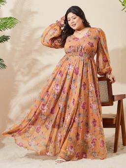 Miss Chase - A+ Curve Collection Mustard Bishop Sleeve Maxi Dress