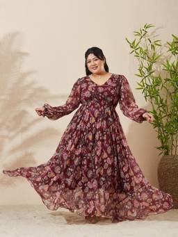 Miss Chase - A+ Curve Collection Burgundy Bishop Sleeve Maxi Dress