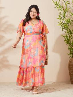Miss Chase - A+ Curve Collection Orange Floral Maxi Dress