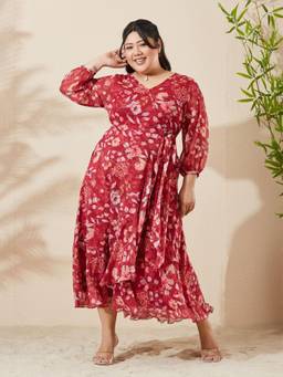 Miss Chase - A+ Curve Collection Maroon Floral Midi Dress