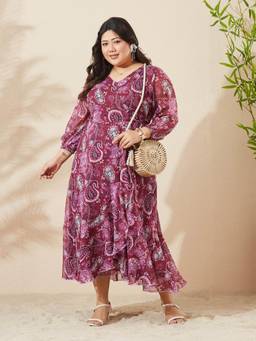 Miss Chase - A+ Curve Collection Wine Paisley Printed Dress