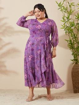 Miss Chase - A+ Curve Collection Lavender Floral Midi Dress