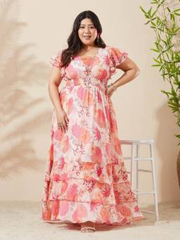 Miss Chase - A+ Curve Collection Peach Floral Maxi Dress