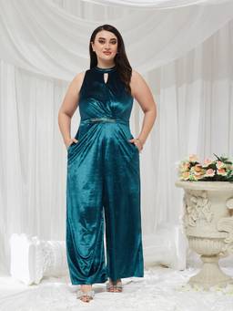 Miss Chase - A+ Curve Collection Teal Choker Neck Pleated Regular Jumpsuit