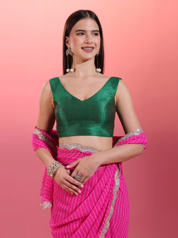 Gajra Gang - Olive Green Wide V-Neck Textured Slub Sleeveless Blouse Trousseau Tijori