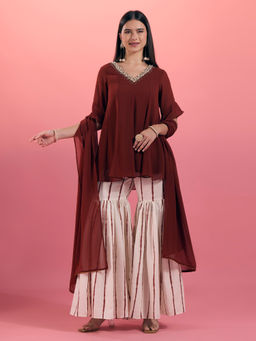 Gajra Gang - Brown Georgette Embroidered Kurta Sharara & Dupatta Desert Rani (Set of 3)