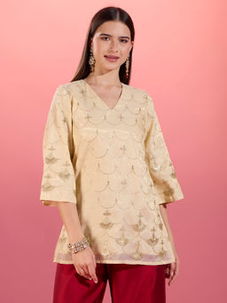Gajra Gang - Off White Tissue Embroidered V-Neck Tunic Trousseau Tijori