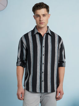 Dennis Lingo - Black Men Stripes Cotton Poly Relaxed Fit Shirt