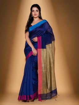 Beatitude - Blue Blended Cotton Woven Saree with Unstitched Blouse