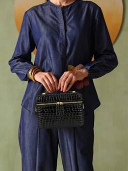THE GUSTO - Bento Mini Patent Croco Black Sling Bag (Small)