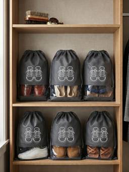 YELONA - Unisex Pack of 6 Grey Travel Shoe Bag Pouch With Drawstring And Clear Window (XL)